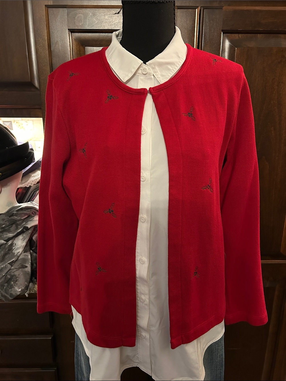 Liz Claiborne LizSport Petite Women’s Red Sz LP Open-Front Cardigan - Christmas